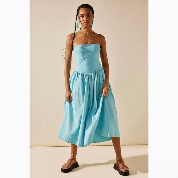 Free People Onda Drop Waist Tube Midi Dress Size Medium Light Blue - Picture 1 of 11